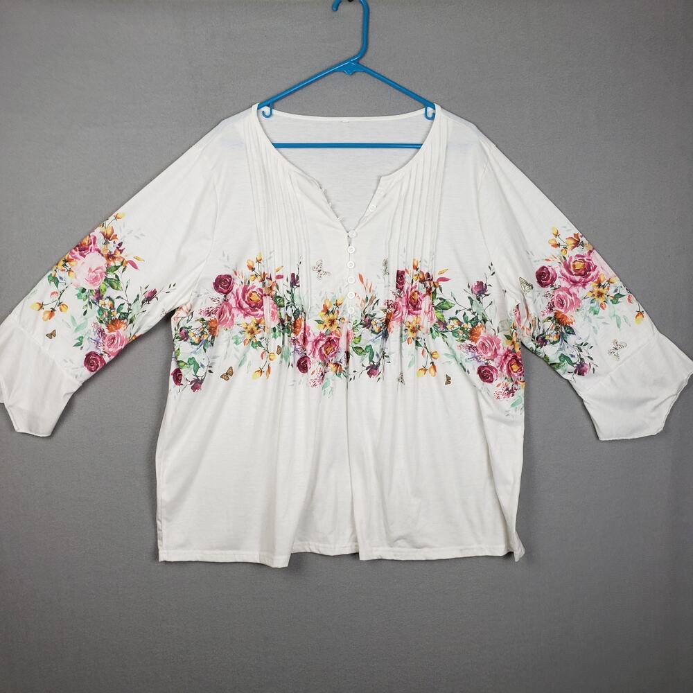 Wildflower Butterfly Print Button Neck Pleated Blouse Top White Parisian Size 5X